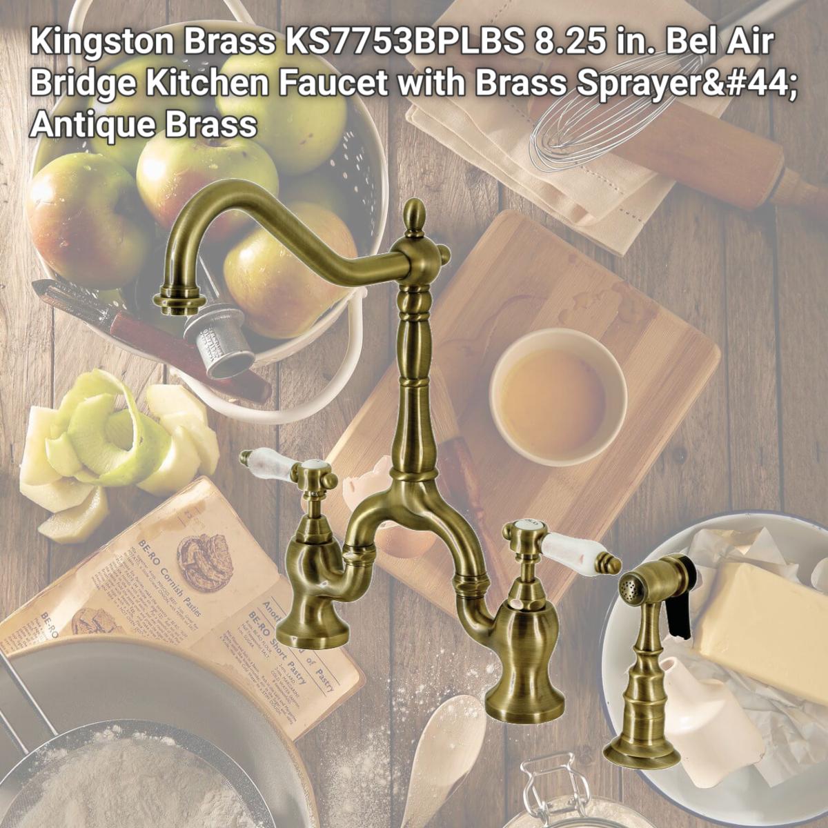 Picture of Kingston Brass KS7753BPLBS 8.25 in. Bel Air Bridge Kitchen Faucet with Brass Sprayer, Antique Brass