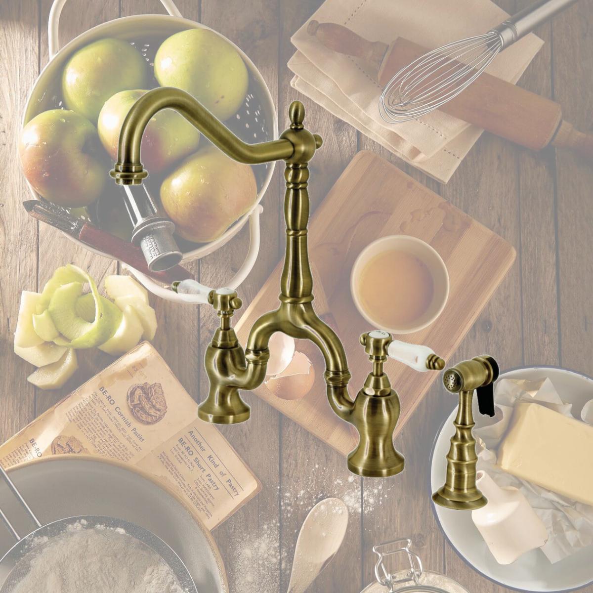 Picture of Kingston Brass KS7753BPLBS 8.25 in. Bel Air Bridge Kitchen Faucet with Brass Sprayer, Antique Brass