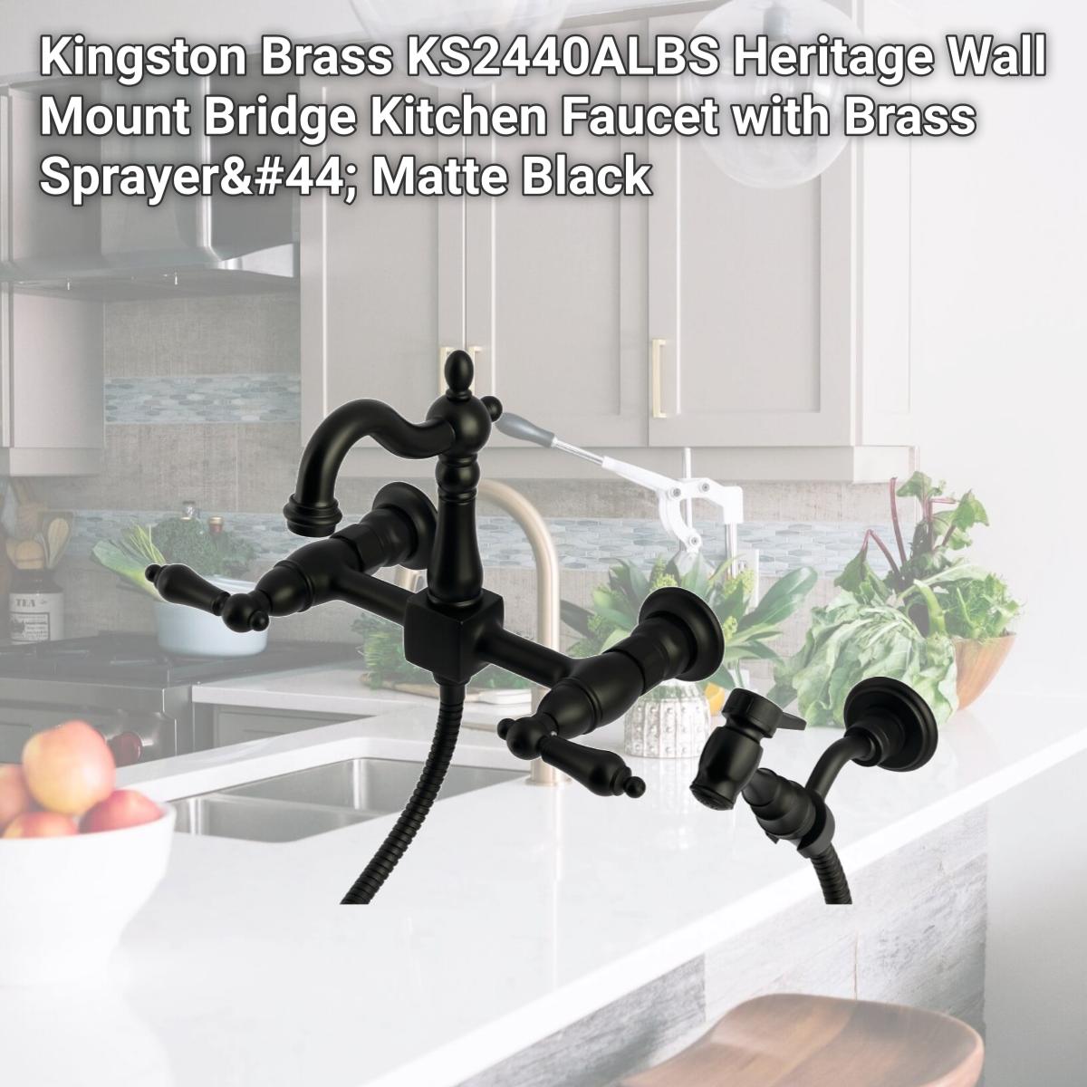 Picture of Kingston Brass KS2440ALBS Heritage Wall Mount Bridge Kitchen Faucet with Brass Sprayer, Matte Black