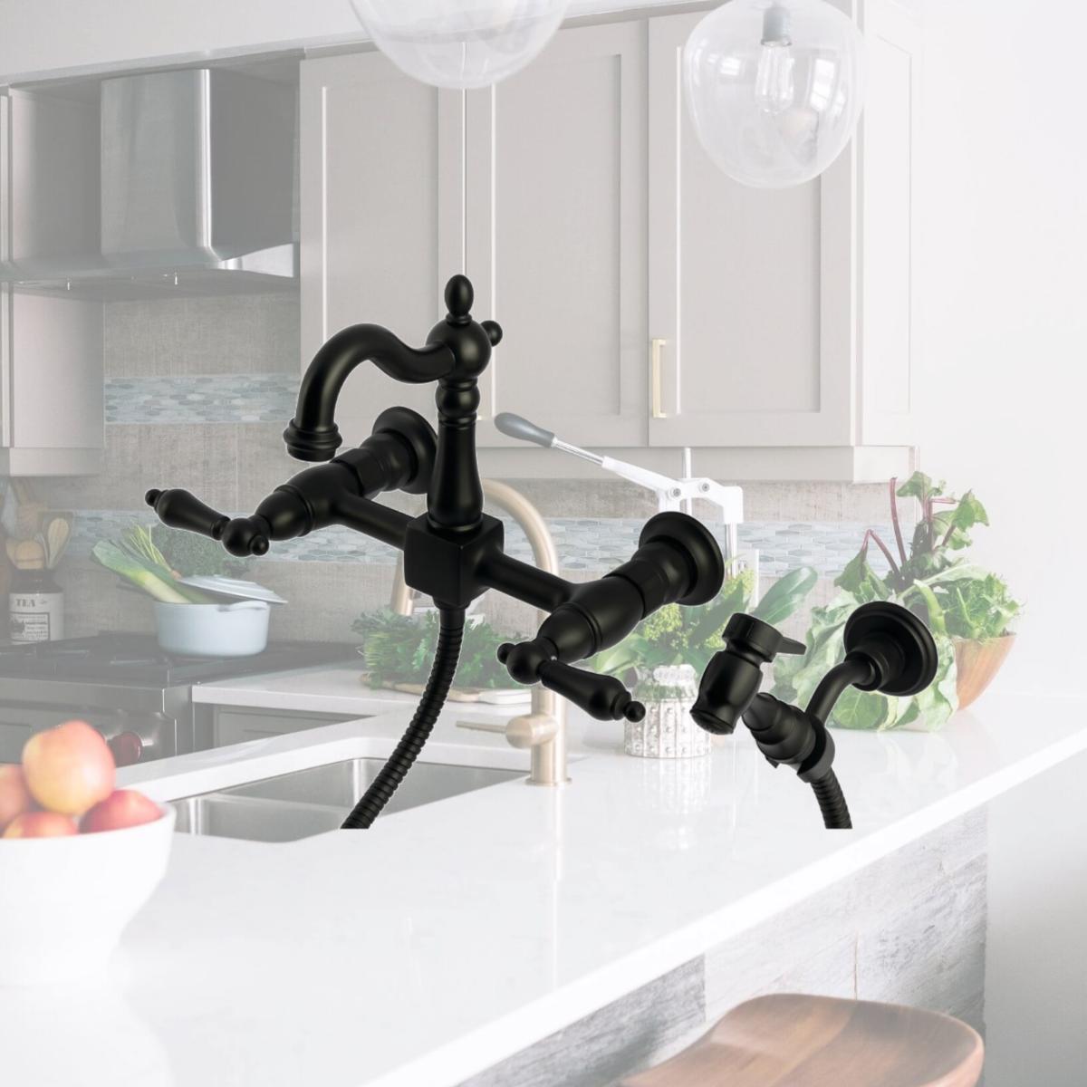 Picture of Kingston Brass KS2440ALBS Heritage Wall Mount Bridge Kitchen Faucet with Brass Sprayer, Matte Black