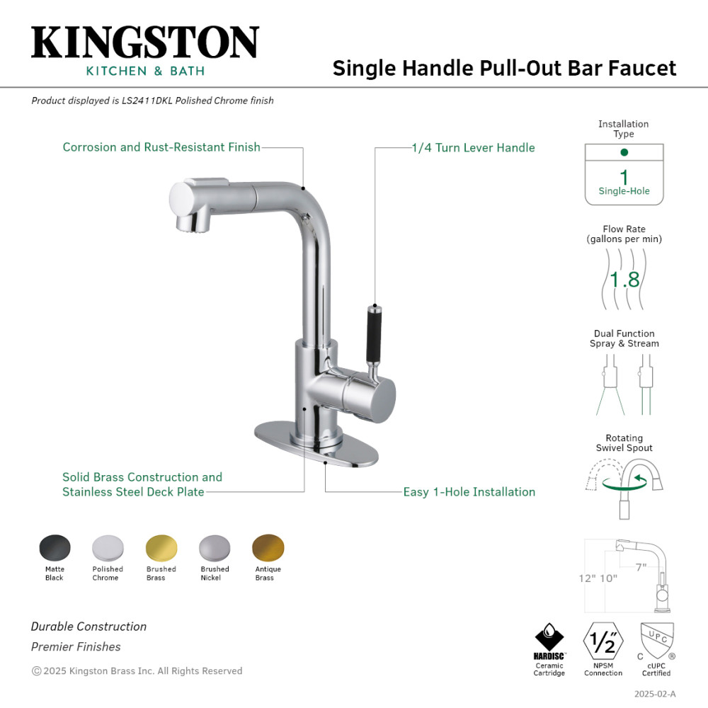 Picture of Kingston Brass LS2413DKL Kaiser Single-Handle Pull-Out Bar Faucet - Brushed Brass