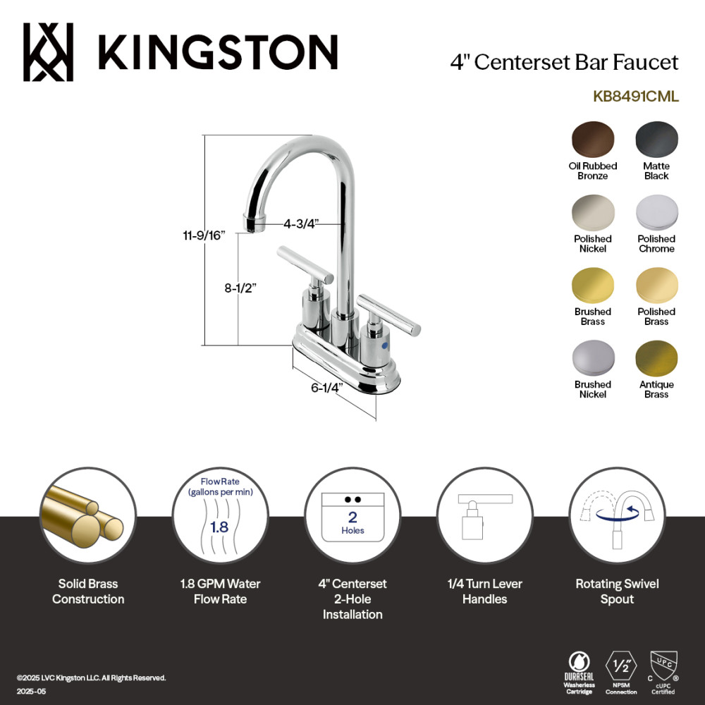 Picture of Kingston Brass KB8491CML Manhattan Double-Handle 4 in. Center Set Bar Faucet - Polished Chrome