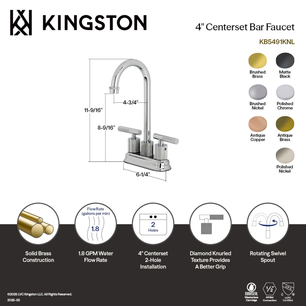 Picture of Kingston Brass KB5497KNL Convergent Double-Handle 4 in. Center Set Bar Faucet with Knurled Handle - Brushed Brass