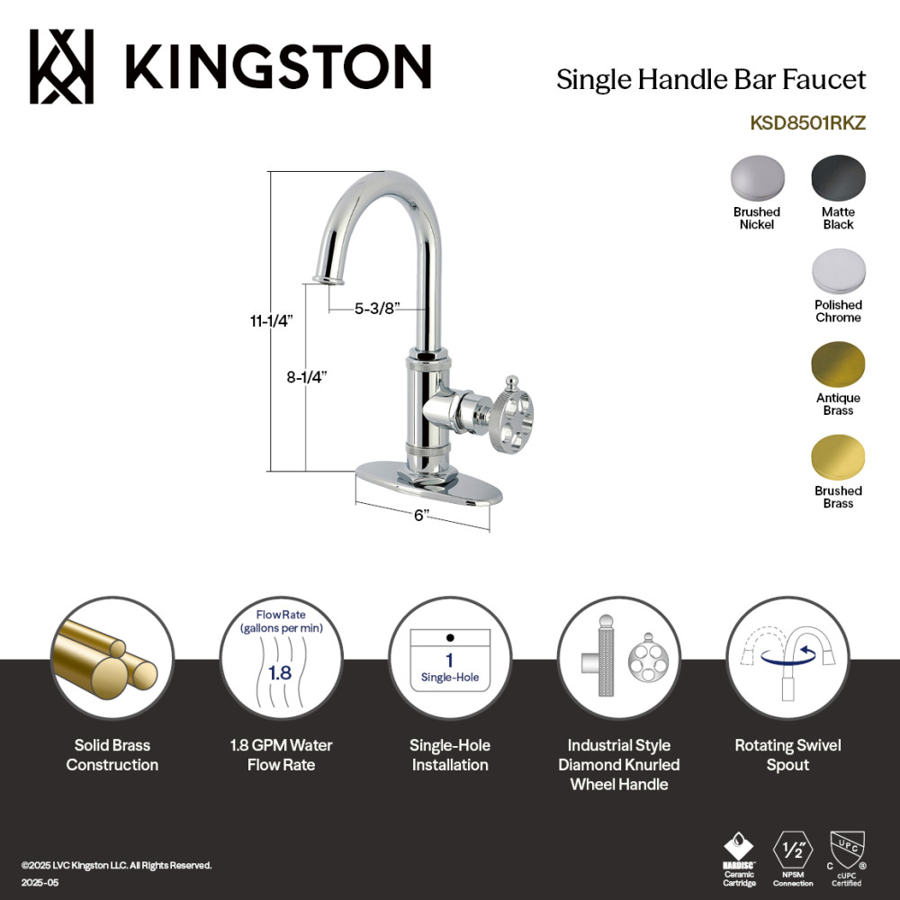 Picture of Kingston Brass KSD8508RKZ Wendell Single-Handle Bar Faucet with Knurled Handle - Brushed Nickel