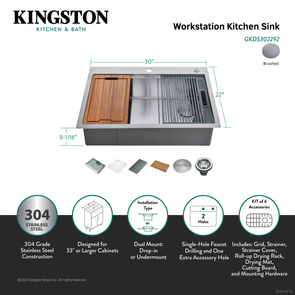 Picture of Kingston Brass GKDS302292 Uptowne 30 in. Stainless Steel Single Bowl Dual Mount Kitchen Sink with Kitchen Accessory Set - Brushed - 6 Piece
