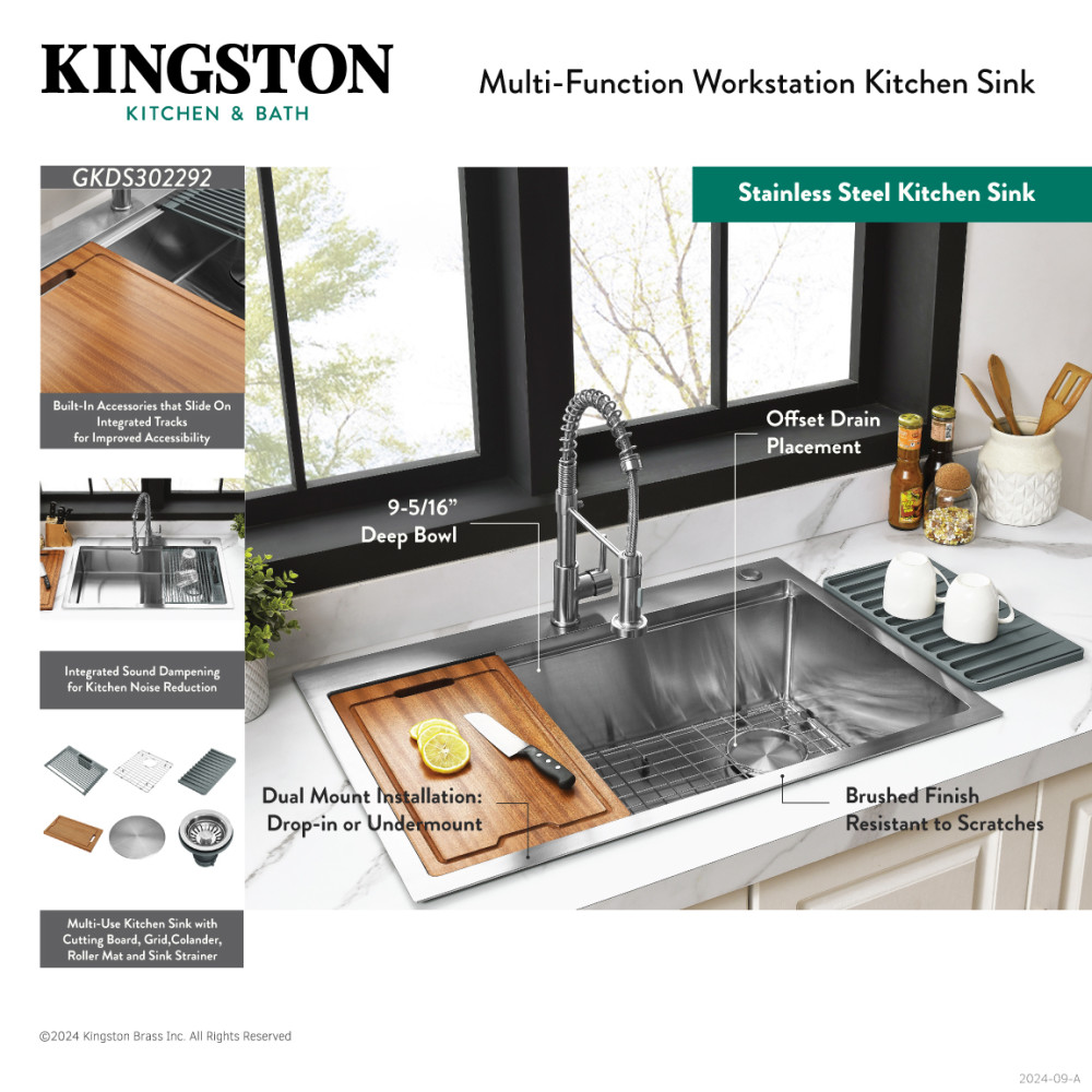 Picture of Kingston Brass GKDS302292 Uptowne 30 in. Stainless Steel Single Bowl Dual Mount Kitchen Sink with Kitchen Accessory Set - Brushed - 6 Piece