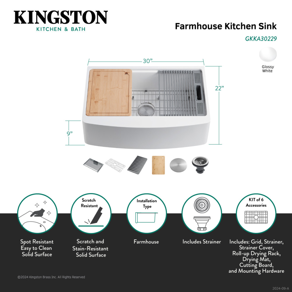 Picture of Kingston Brass GKKA30229 30 in. Solid Surface White Stone Apron-Front Single Bowl Farmhouse Kitchen Sink with Accessory Set - Glossy White
