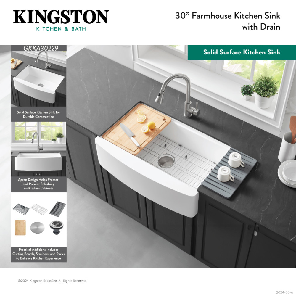 Picture of Kingston Brass GKKA30229 30 in. Solid Surface White Stone Apron-Front Single Bowl Farmhouse Kitchen Sink with Accessory Set - Glossy White