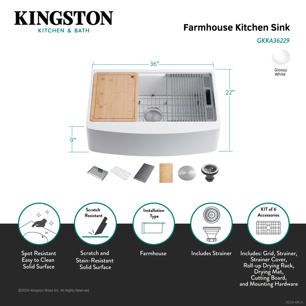 Picture of Kingston Brass GKKA36229 36 in. Solid Surface White Stone Apron-Front Single Bowl Farmhouse Kitchen Sink with Accessory Set - Glossy White
