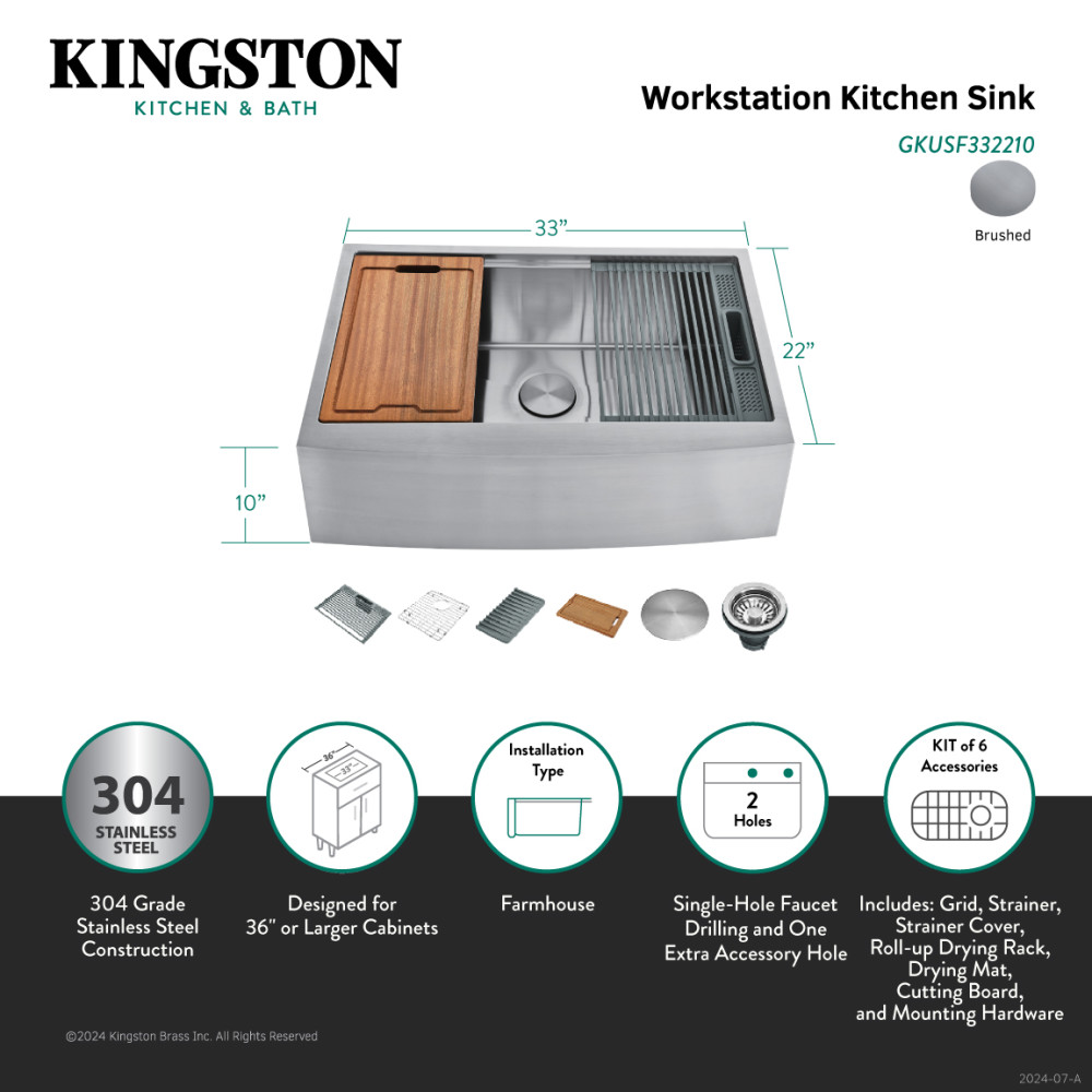 Picture of Kingston Brass GKUSF332210 Uptowne 33 in. Stainless Steel Apron-Front Single Bowl Farmhouse Kitchen Sink with Kitchen Accessory Set - Brushed - 6 Piece