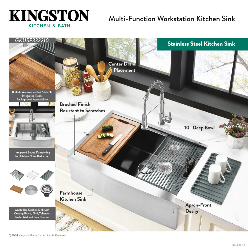 Picture of Kingston Brass GKUSF332210 Uptowne 33 in. Stainless Steel Apron-Front Single Bowl Farmhouse Kitchen Sink with Kitchen Accessory Set - Brushed - 6 Piece