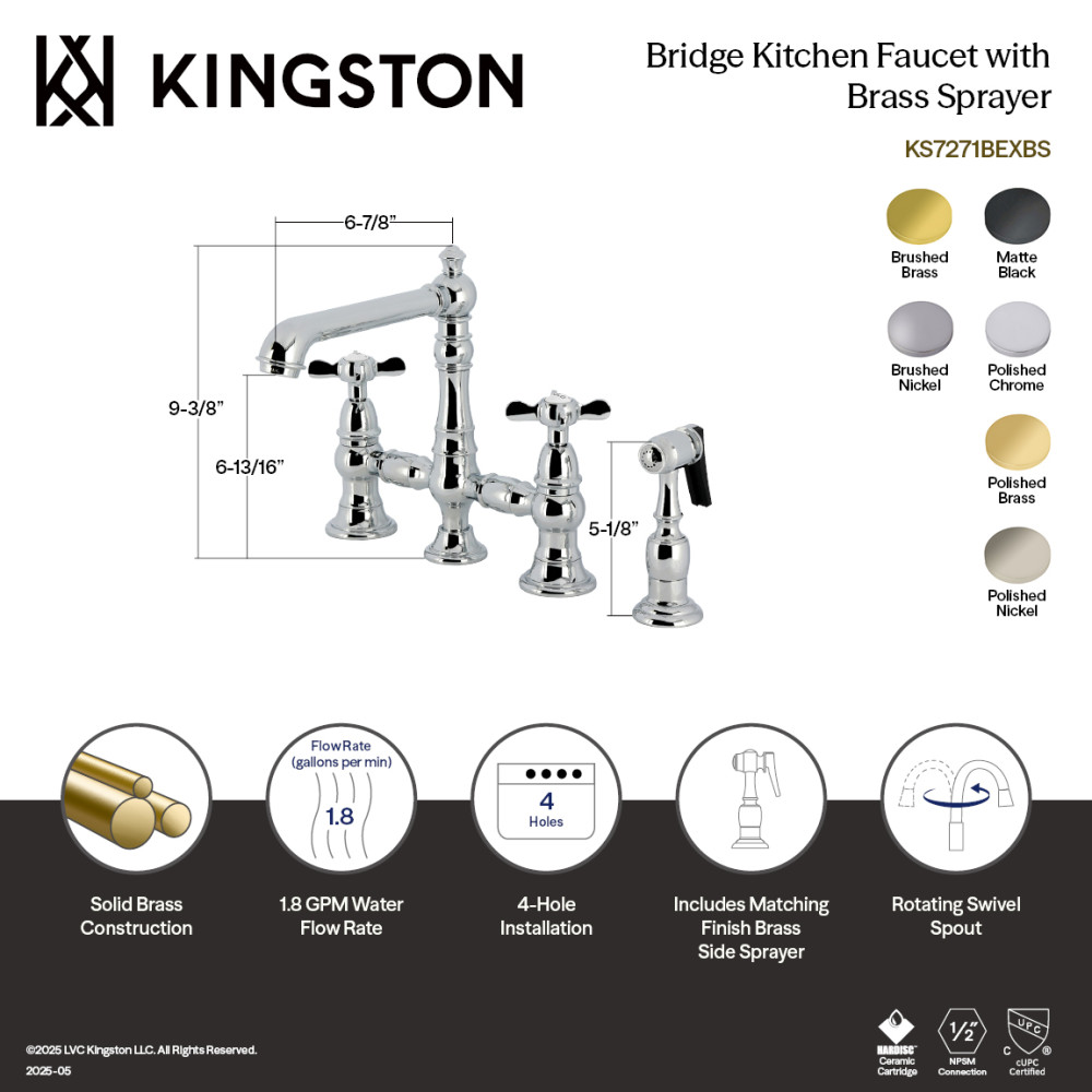 Picture of Kingston Brass KS7272BEXBS Essex Bridge Kitchen Faucet with Brass Side Sprayer - Polished Brass