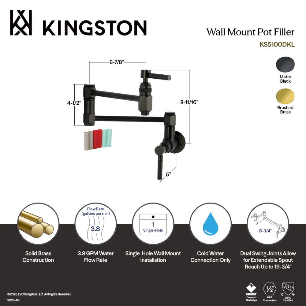 Picture of Kingston Brass KS5100DKL Kaiser Wall Mount Pot Filler Faucet - Matte Black