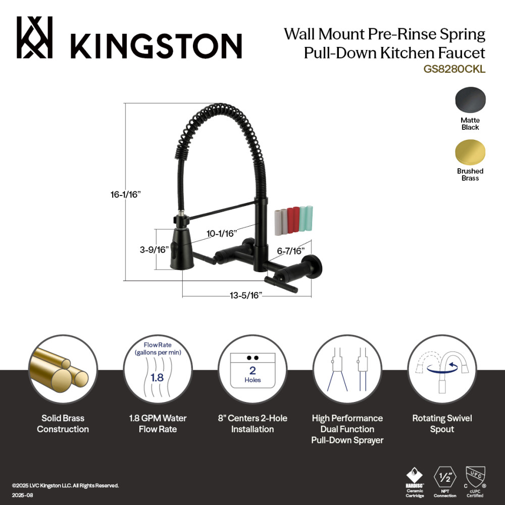 Picture of Kingston Brass GS8280CKL Kaiser Double-Handle Wall-Mount Pre-Rinse Bridge Kitchen Faucet - Matte Black