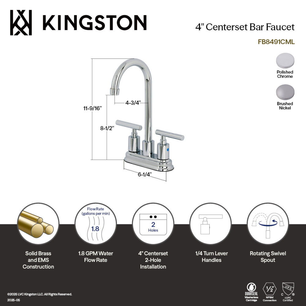 Picture of Kingston Brass FB8491CML Manhattan Double-Handle 4 in. Center Set High-Arc Bar Faucet - Polished Chrome