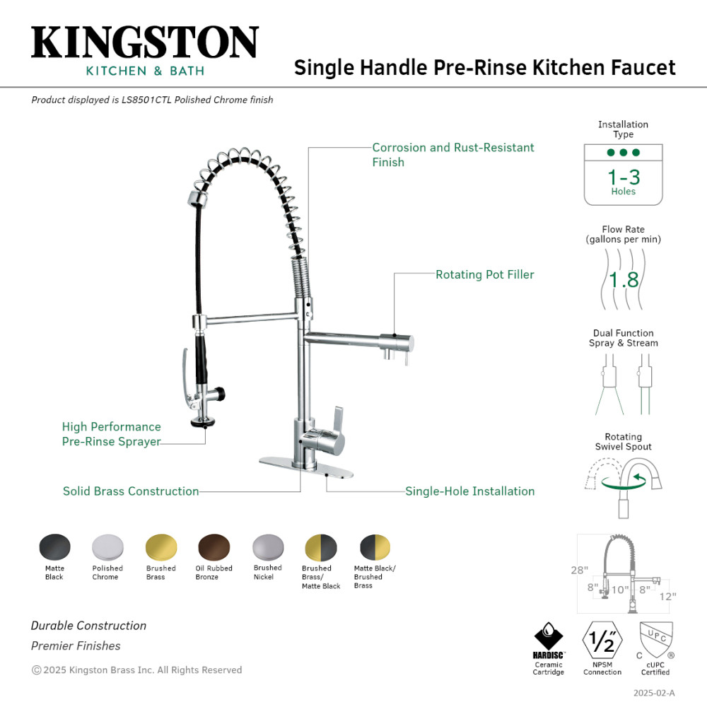 Picture of Kingston Brass LS850CTLBBMB Gourmetier Continental Single-Handle Deck-Mount Pre-Rinse Kitchen Faucet with Pot Filler - Brushed Brass & Matte Black