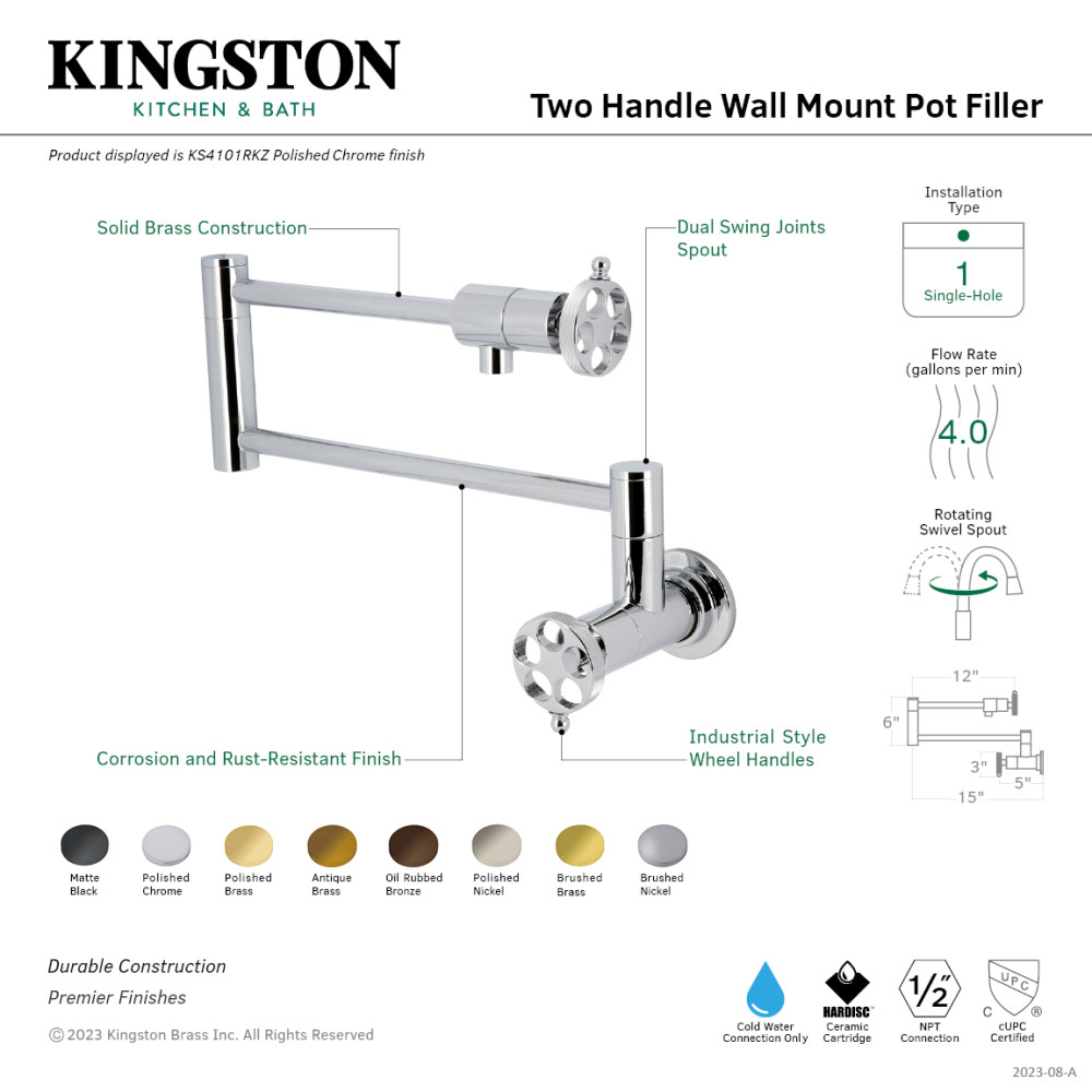 Picture of Kingston Brass KS4107RKZ Wendell Wall Mount Pot Filler Faucet with Knurled Handle, Brushed Brass