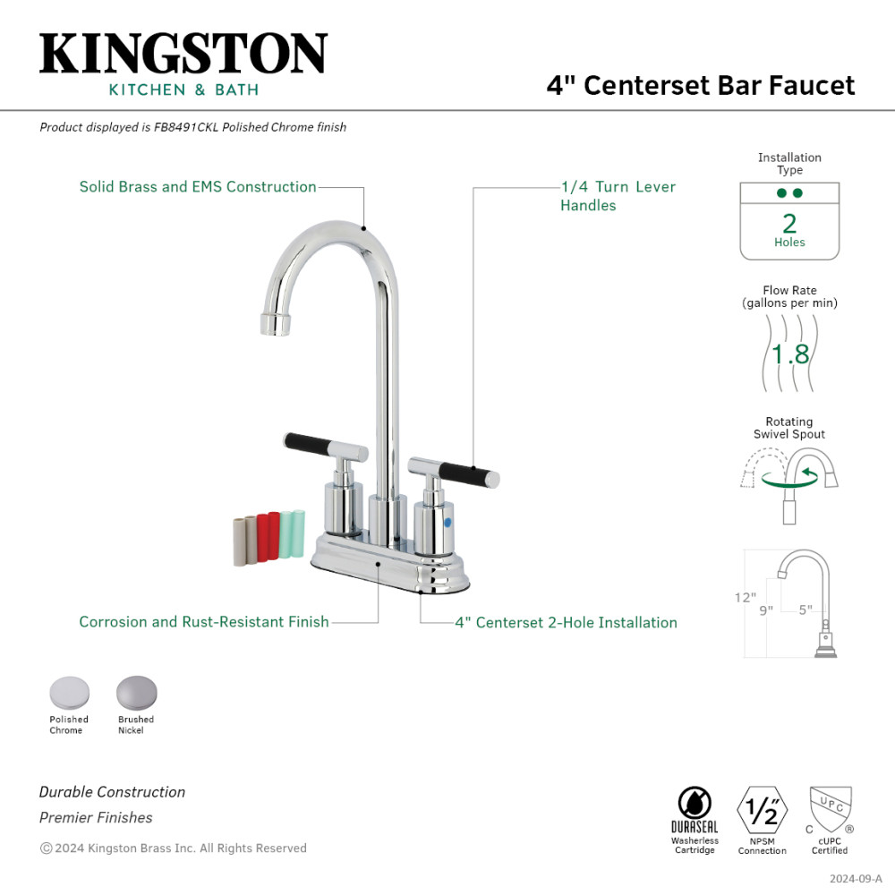Picture of Kingston Brass FB8491CKL Kaiser Double-Handle 4 in. Center Set High-Arc Bar Faucet - Polished Chrome