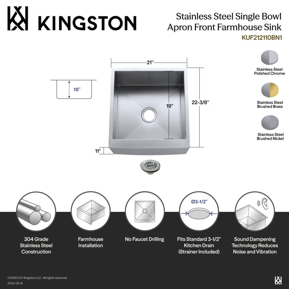 Picture of Kingston Brass KUF212110BN7 Denver 21 in. Stainless Steel Single Bowl Farmhouse Sink with Strainer - Stainless Steel & Brushed Brass