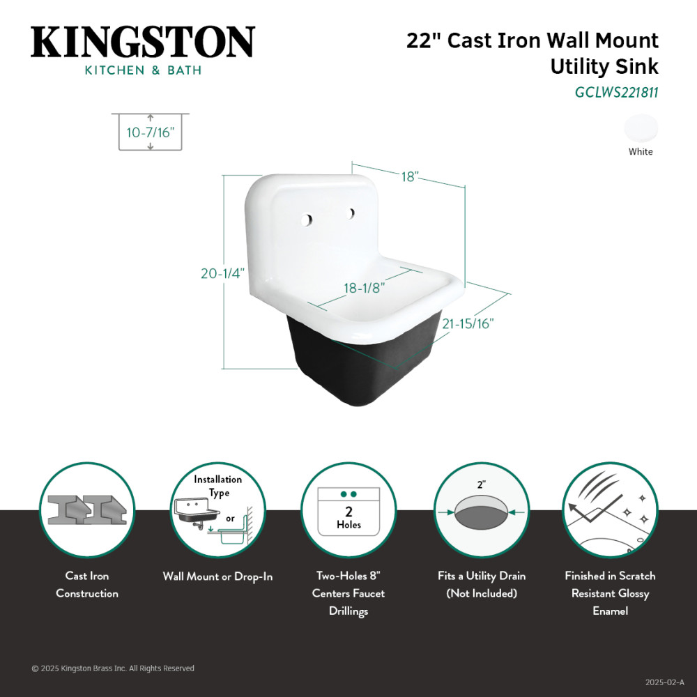 Picture of Kingston Brass GCLWS221811 Petra Galley 22 in. Cast Iron Single Bowl Wall Mount Utility Sink - White