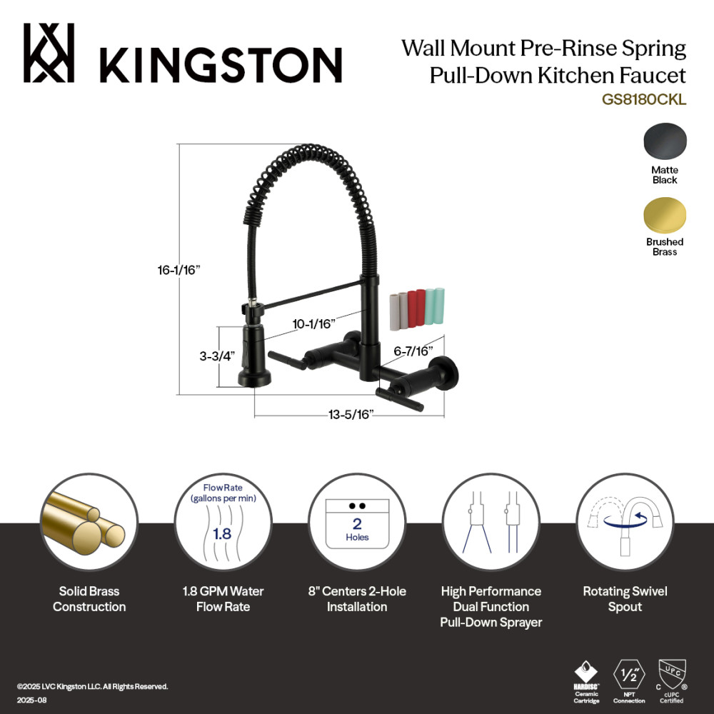 Picture of Kingston Brass GS8180CKL Kaiser Double-Handle Wall-Mount Pre-Rinse Bridge Kitchen Faucet, Matte Black