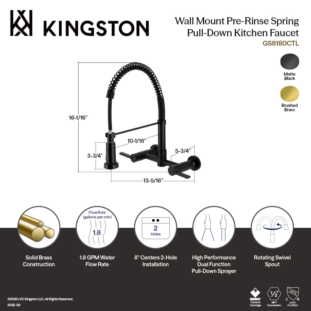 Picture of Kingston Brass GS8180CTL 11.12 x 13.31 x 16.06 in. Continental Double-Handle Wall-Mount Pre-Rinse Bridge Kitchen Faucet - Matte Black