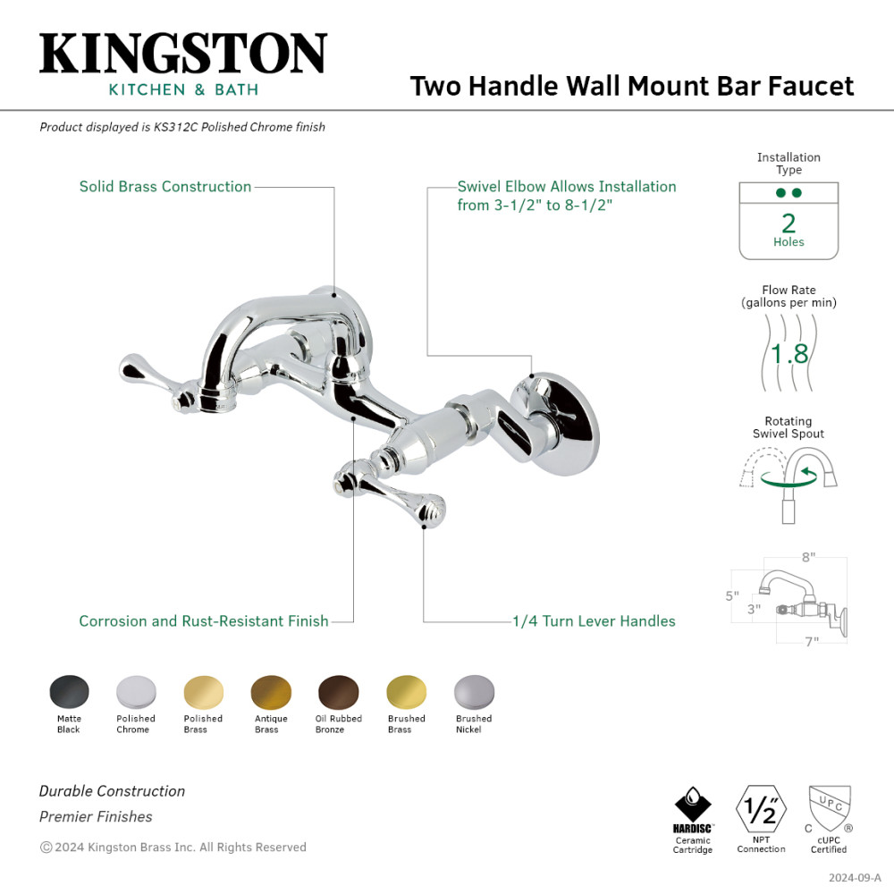 Picture of Kingston Brass KS312C Double-Handle Wall Mount Bar Faucet - Polished Chrome