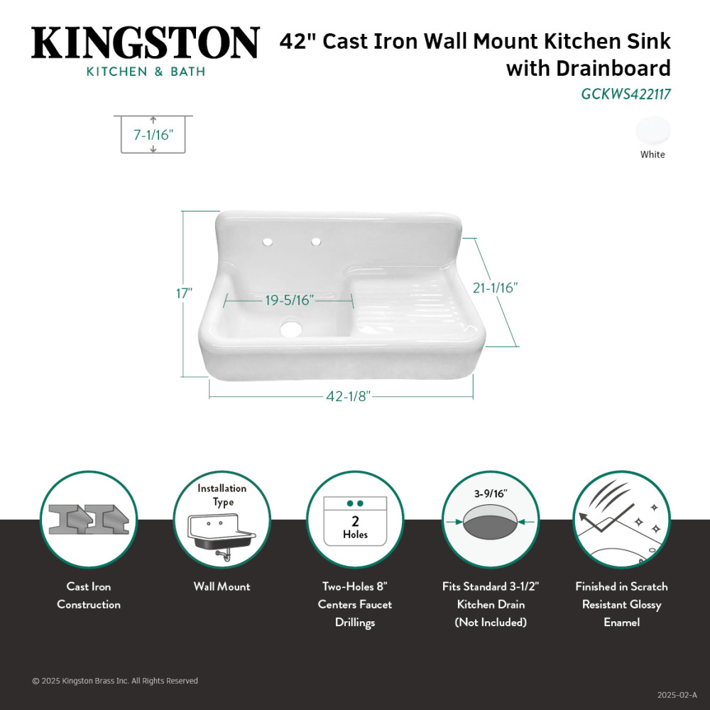 Picture of Kingston Brass GCKWS422117 Petra Galley 42 in. Cast Iron Single Bowl Wall Mount Kitchen Sink with Drainboard - White