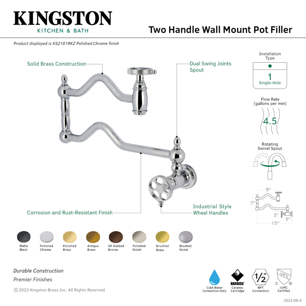 Picture of Kingston Brass KS2107RKZ 25.75 x 2.18 x 9.18 in. Wendell Wall Mount Pot Filler Faucet with Knurled Handle, Brushed Brass