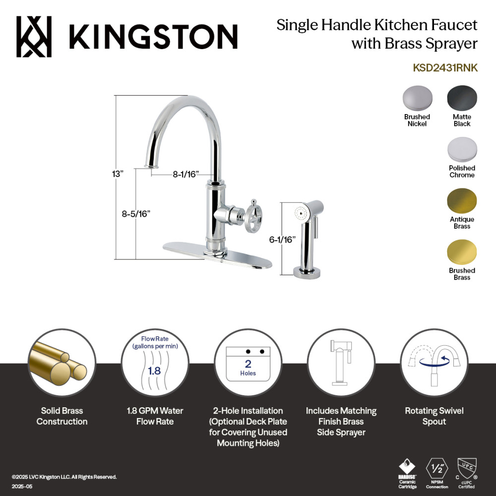 Picture of Kingston Brass KSD2437RNK Levante Single-Handle Kitchen Faucet - Brushed Brass