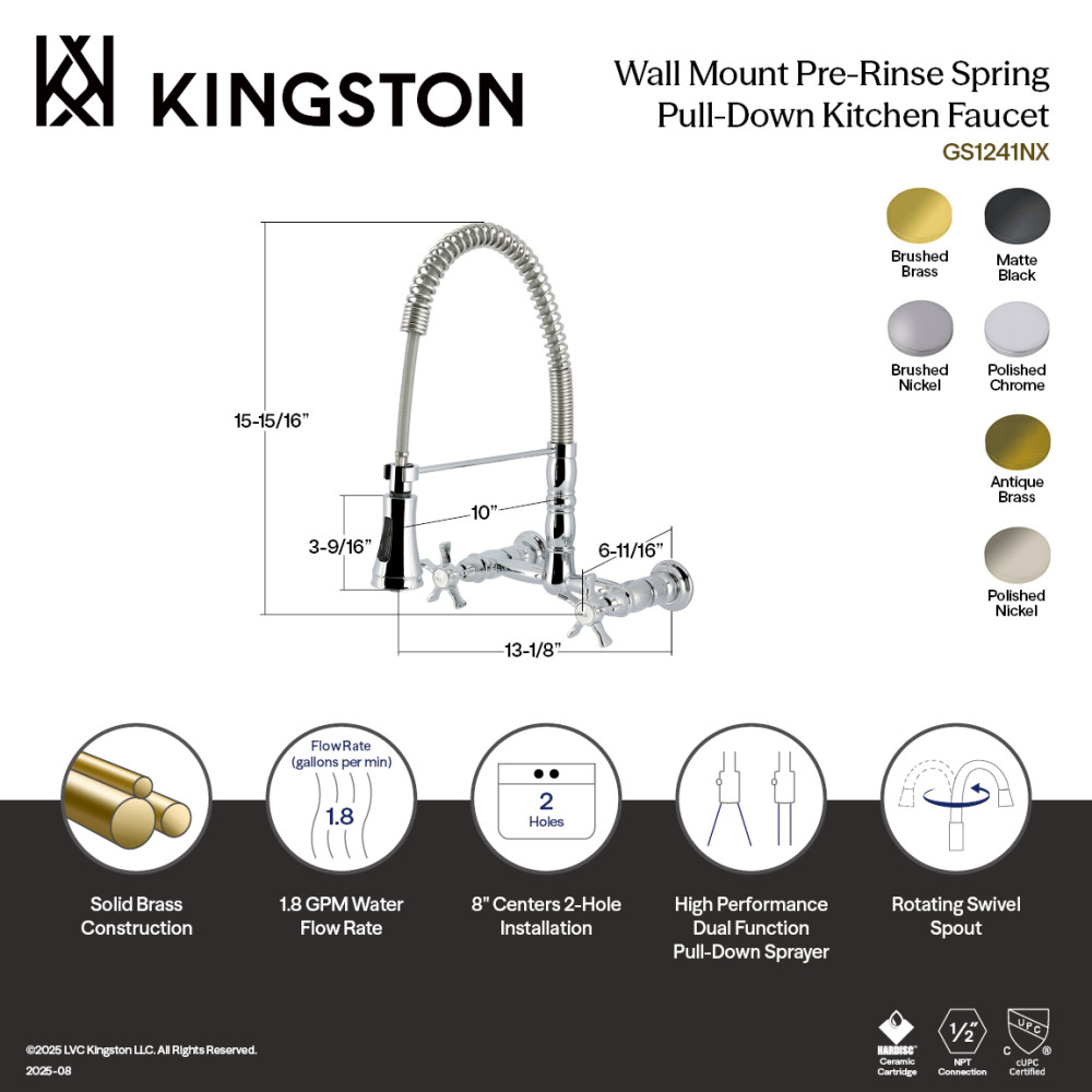 Picture of Kingston Brass GS1240NX Hamilton Double-Handle Wall-Mount Pre-Rinse Bridge Kitchen Faucet - Matte Black