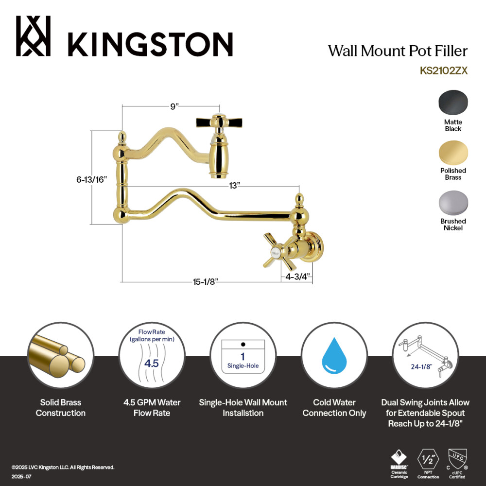 Picture of Kingston Brass KS2108ZX Millennium Wall Mount Pot Filler Faucet, Brushed Nickel