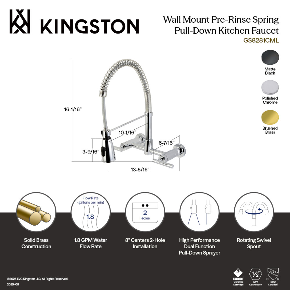 Picture of Kingston Brass GS8280CML 10.75 x 13.31 x 16.06 in. Manhattan Double-Handle Wall-Mount Pre-Rinse Bridge Kitchen Faucet - Matte Black