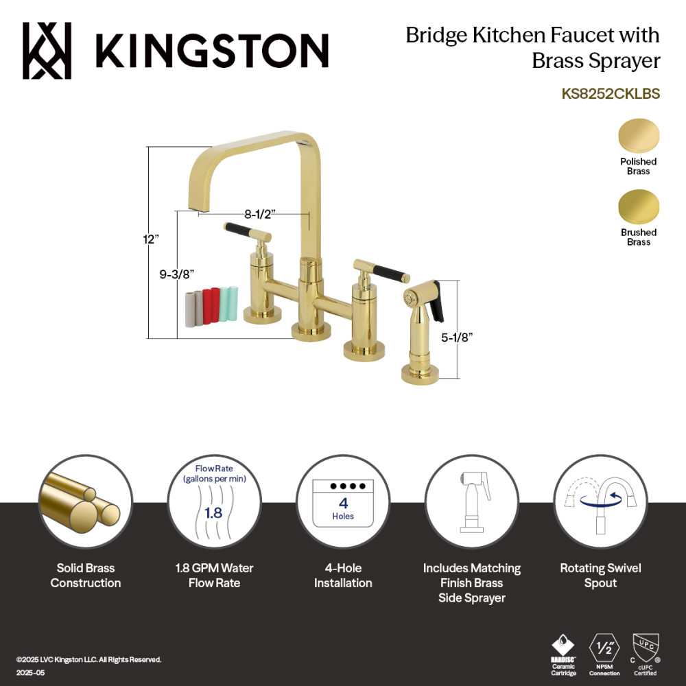 Picture of Kingston Brass KS8257CKLBS 8 x 8.5 x 12 in. Kaiser Bridge Kitchen Faucet with Brass Side Sprayer - Brushed Brass