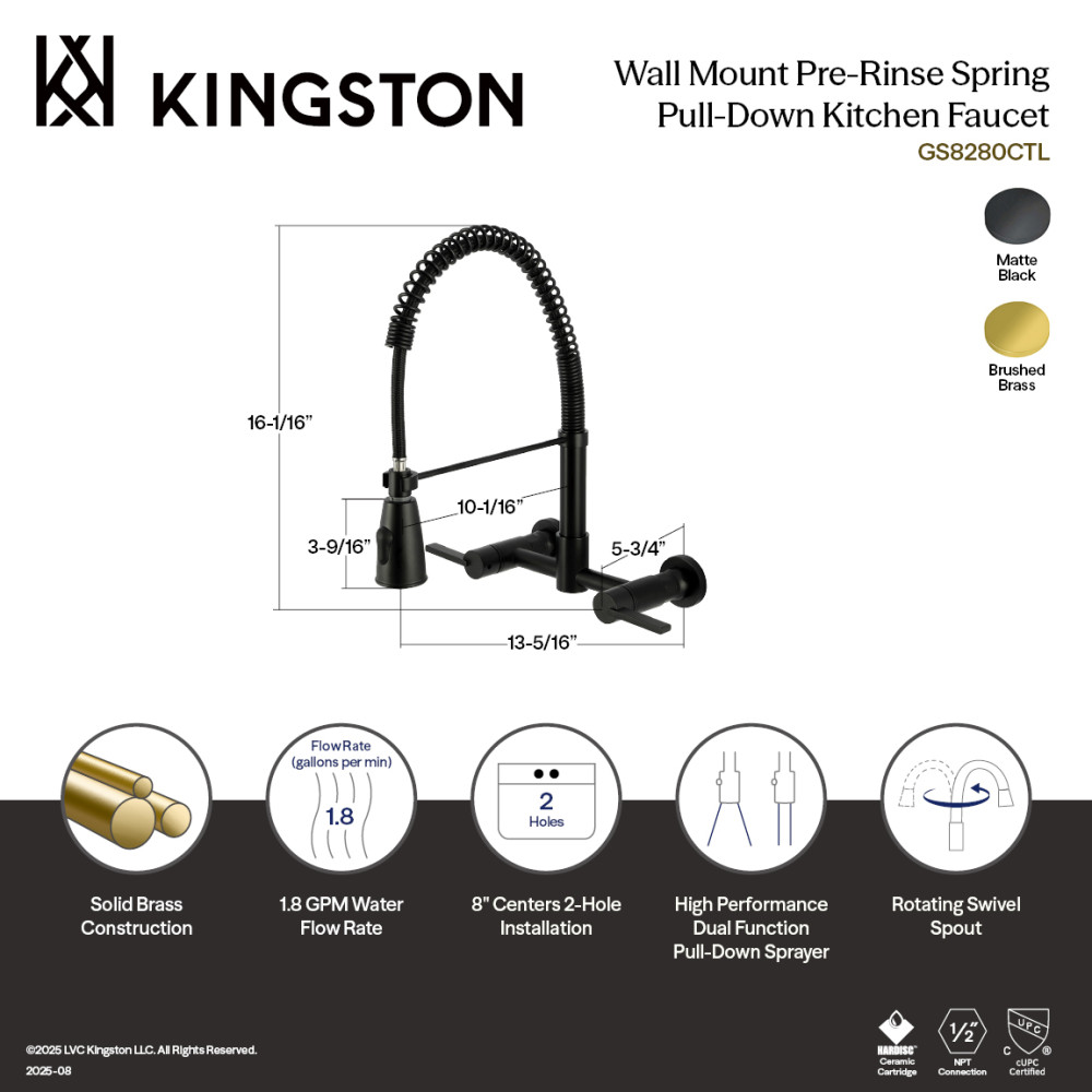 Picture of Kingston Brass GS8280CTL 11.12 x 13.31 x 16.06 in. Continental Double-Handle Wall-Mount Pre-Rinse Bridge Kitchen Faucet, Matte Black