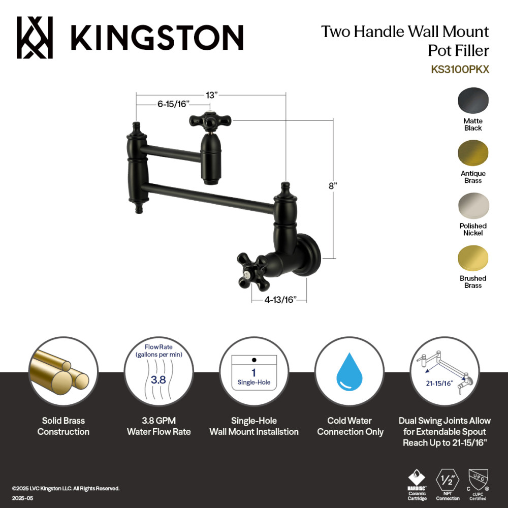 Picture of Kingston Brass KS3103PKX Duchess Wall Mount Pot Filler Faucet - Antique Brass