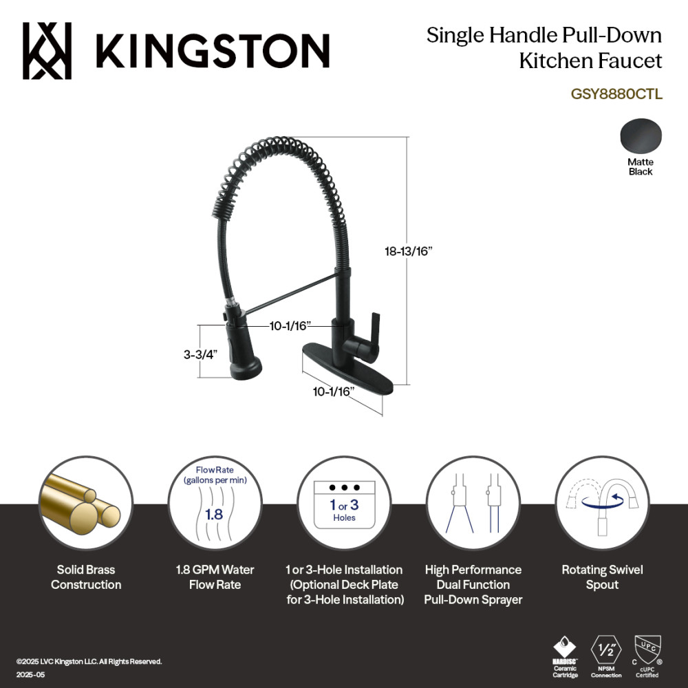 Picture of Kingston Brass GSY8880CTL Gourmetier Continental Single-Handle Deck-Mount Pre-Rinse Kitchen Faucet - Matte Black