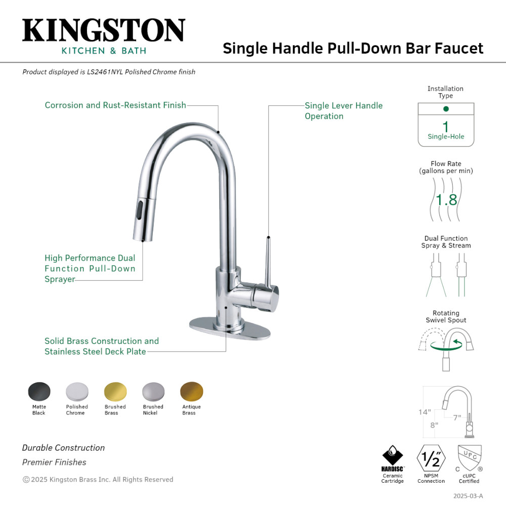 Picture of Kingston Brass LS2461NYL Gourmetier York Single-Handle Pull Down Sprayer Bar Faucet - Polished Chrome