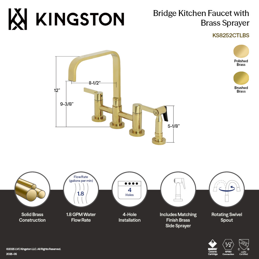 Picture of Kingston Brass KS8257CTLBS 11.12 x 8.5 x 12 in. Continental Bridge Kitchen Faucet with Brass Side Sprayer, Brushed Brass