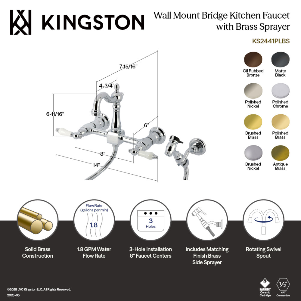Picture of Kingston Brass KS2447PLBS Heritage Double-Handle Wall-Mount Bridge Kitchen Faucet with Brass Sprayer - Brushed Brass