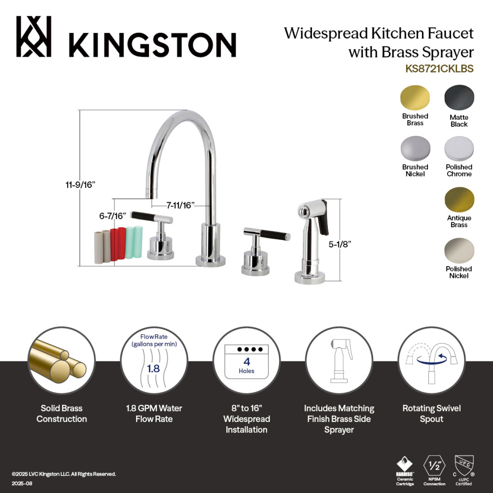 Picture of Kingston Brass KS8726CKLBS Kaiser Double-Handle Widespread Kitchen Faucet with Brass Sprayer - Polished Nickel