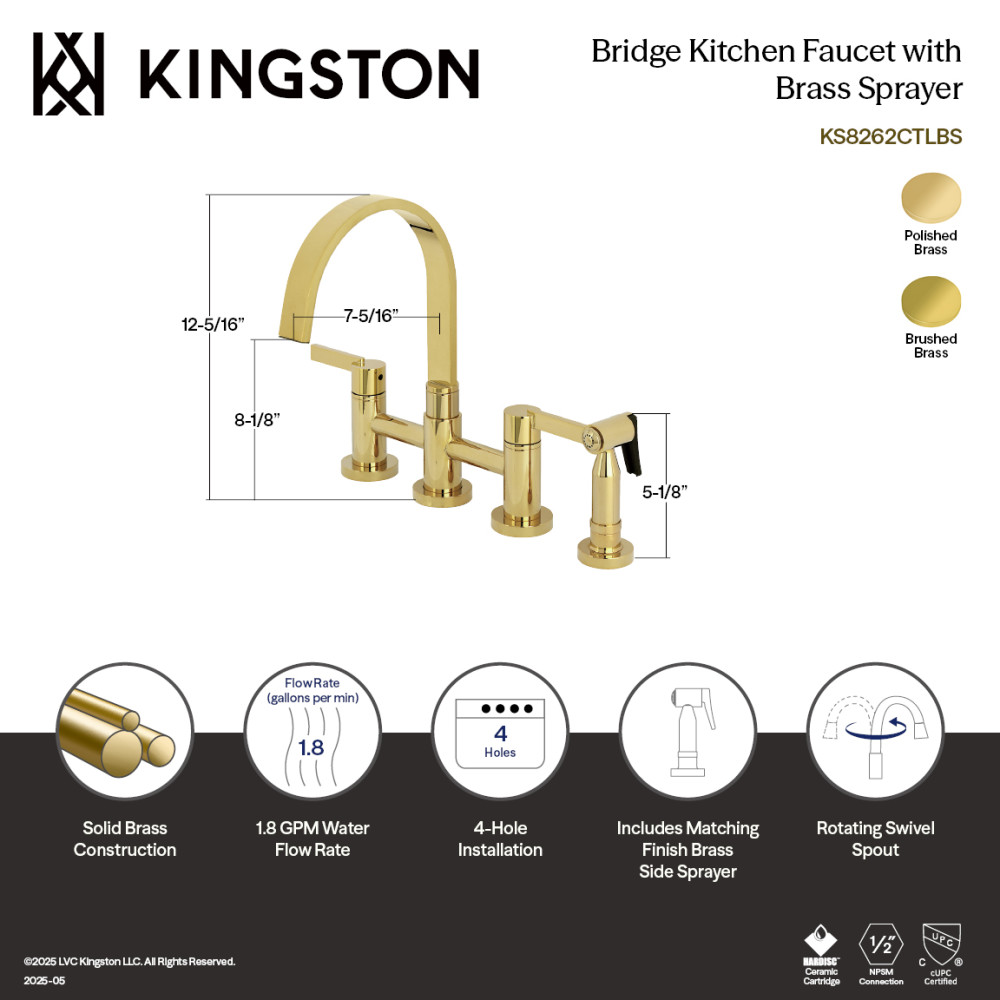 Picture of Kingston Brass KS8267CTLBS 11.12 x 7.31 x 12.31 in. Continental Bridge Kitchen Faucet with Brass Side Sprayer, Brushed Brass