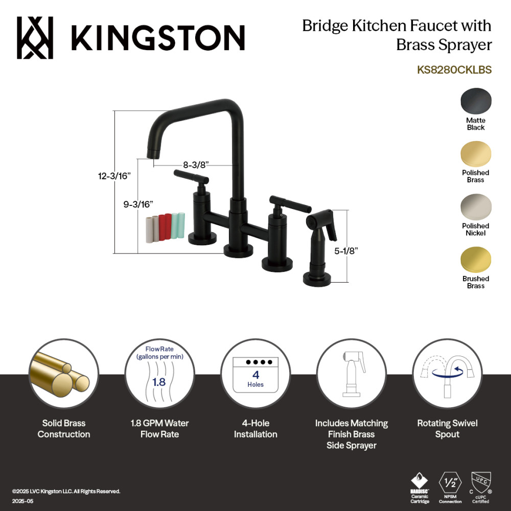 Picture of Kingston Brass KS8280CKLBS 8 x 8.37 x 12.18 in. Kaiser Bridge Kitchen Faucet with Brass Side Sprayer, Matte Black