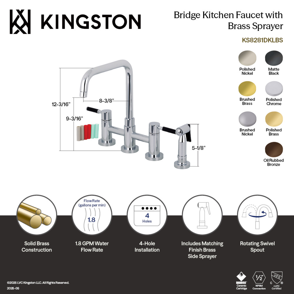 Picture of Kingston Brass KS8280DKLBS 8 x 8.37 x 12.18 in. Kaiser Bridge Kitchen Faucet with Brass Side Sprayer - Matte Black