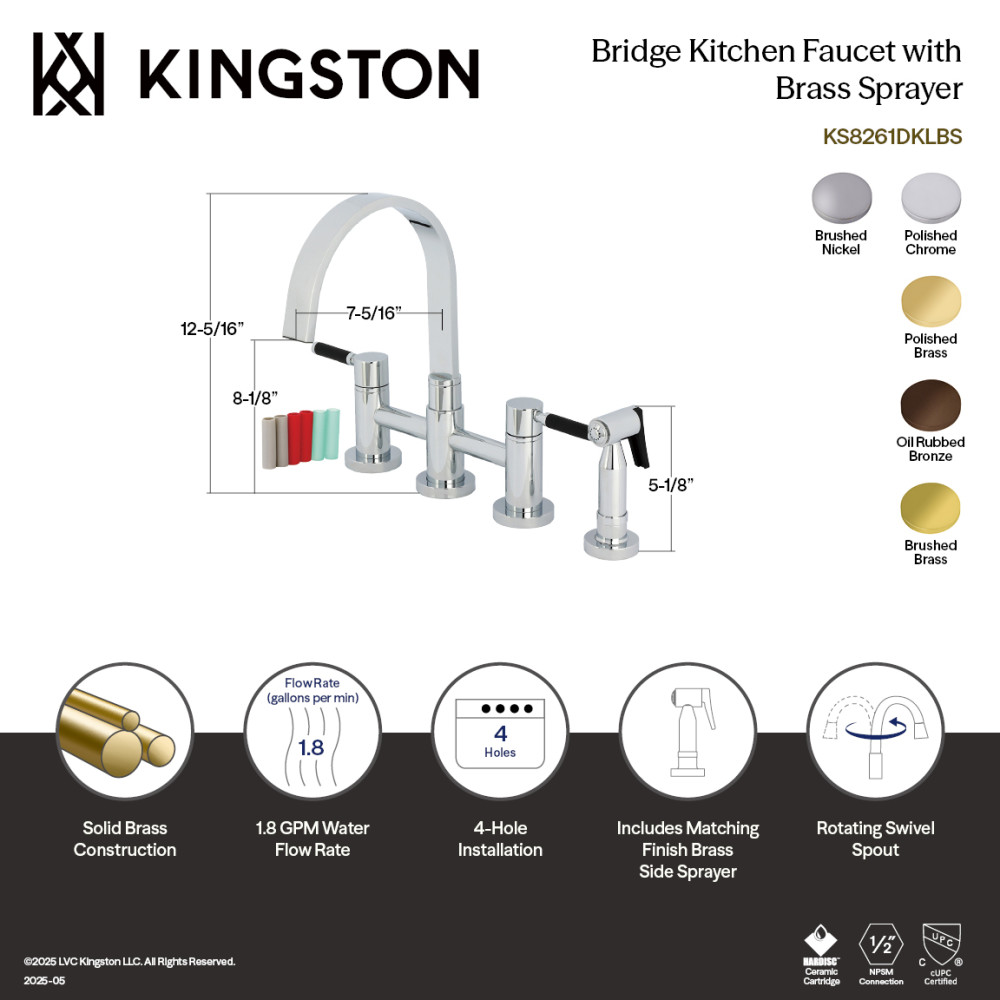 Picture of Kingston Brass KS8267DKLBS 8 x 7.31 x 12.31 in. Kaiser Bridge Kitchen Faucet with Brass Side Sprayer, Brushed Brass