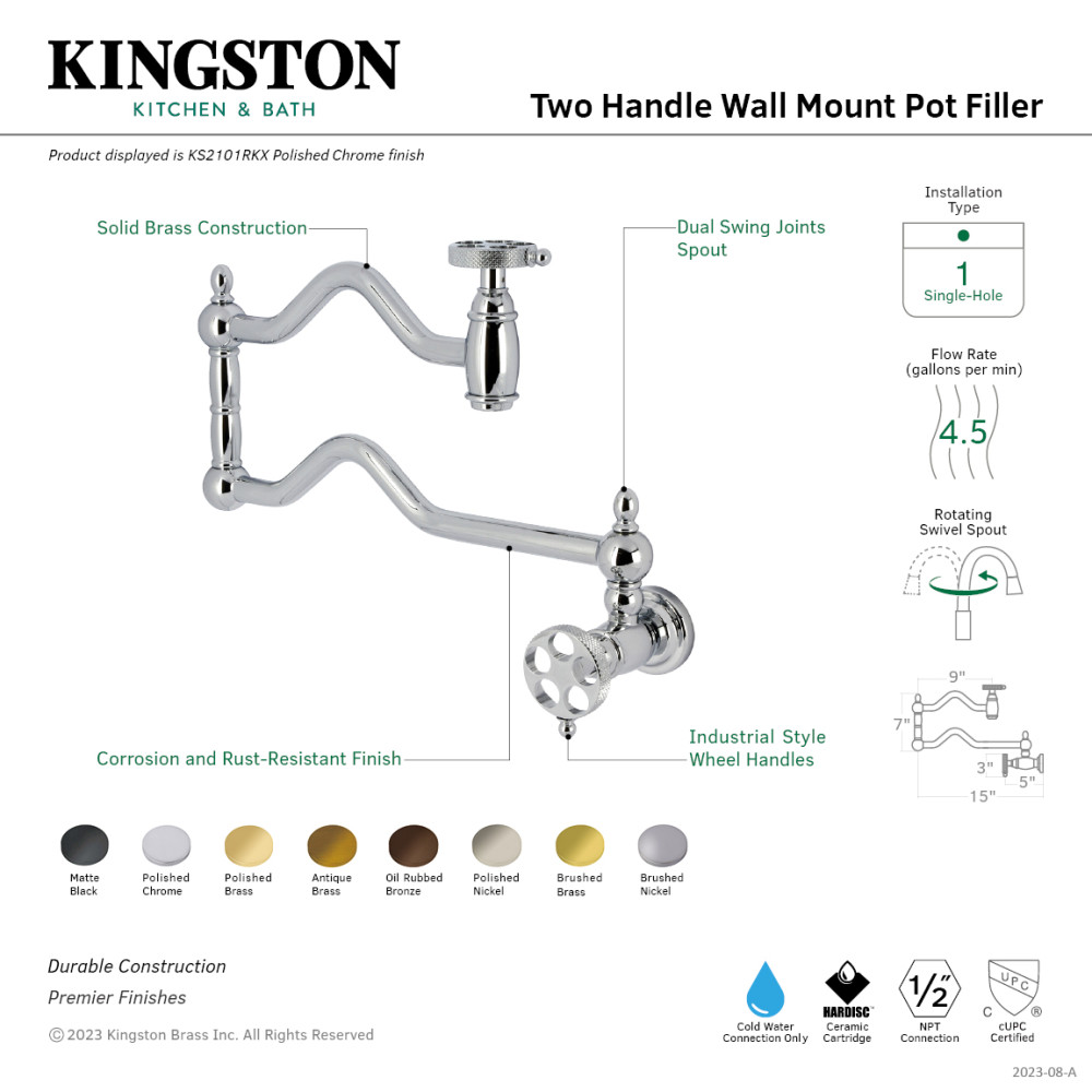 Picture of Kingston Brass KS2107RKX 25.75 x 2.18 x 9.18 in. Webb Wall Mount Pot Filler Faucet with Knurled Handle, Brushed Brass