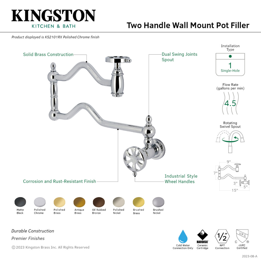 Picture of Kingston Brass KS2107RX 25.87 x 2.5 x 9.18 in. Belknap Wall Mount Pot Filler Faucet, Brushed Brass