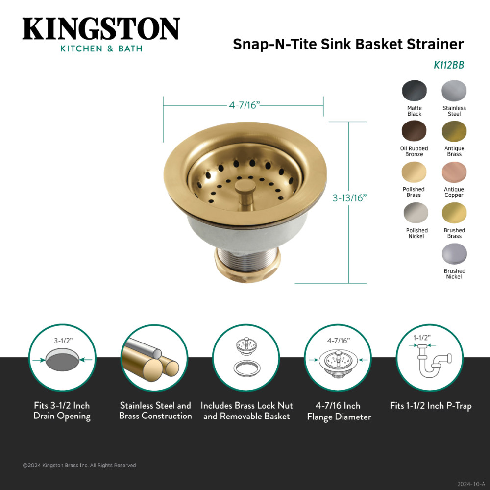 Picture of Kingston Brass K112BB Tacoma Snap-N-Tite Sink Basket Strainer - Brushed Brass