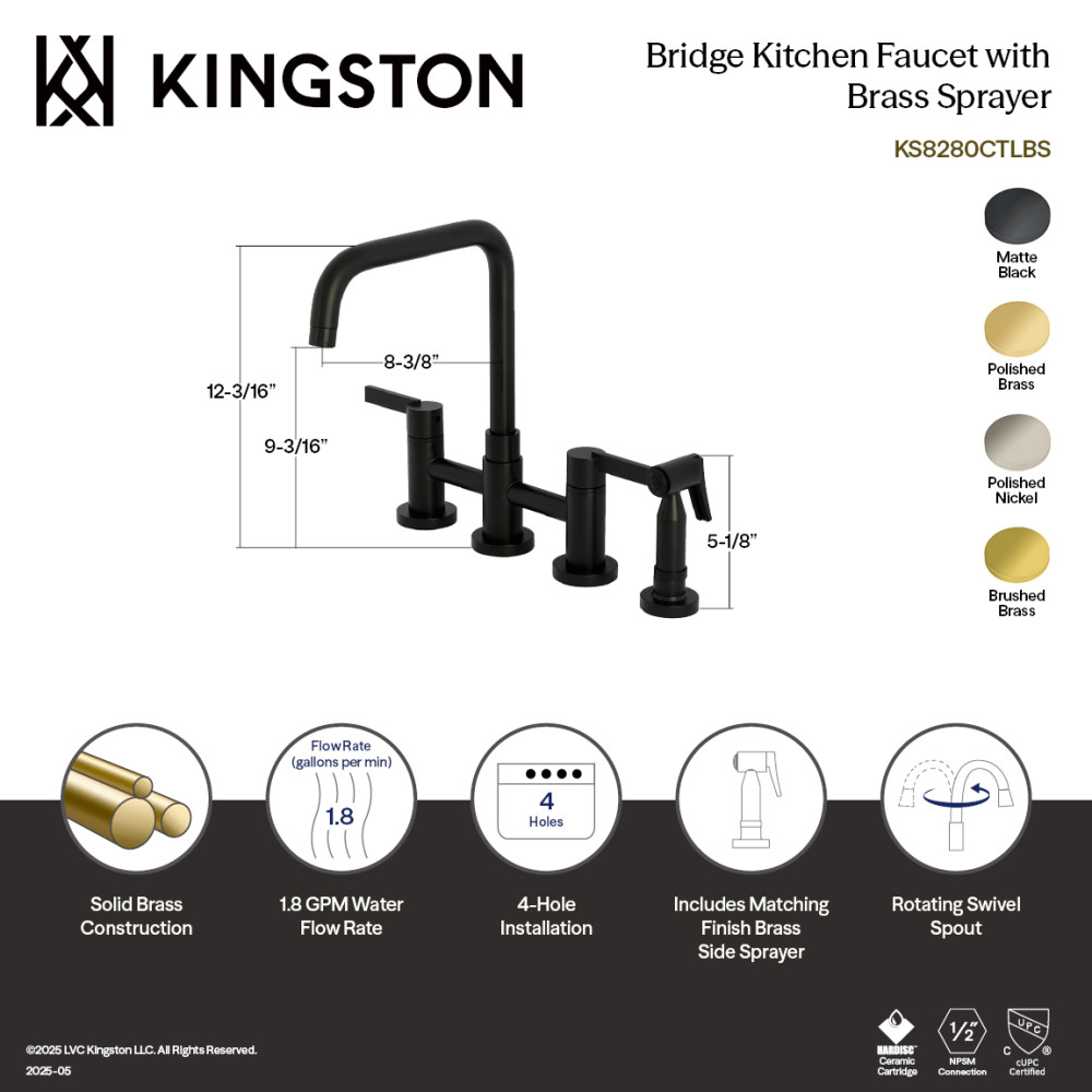 Picture of Kingston Brass KS8280CTLBS Continental Bridge Kitchen Faucet with Brass Side Sprayer - Matte Black