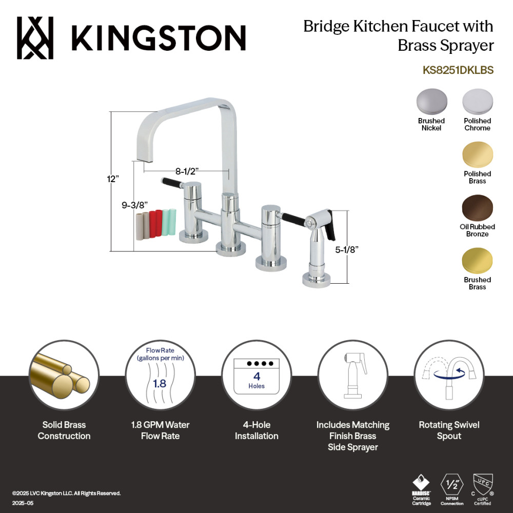 Picture of Kingston Brass KS8258DKLBS 8 x 8.5 x 12 in. Kaiser Bridge Kitchen Faucet with Brass Side Sprayer - Brushed Nickel